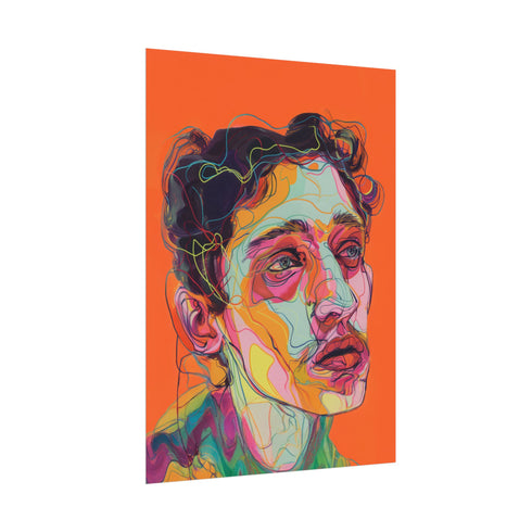 Vibrant digital portrait of a person with angular features against a bright orange background. The face is composed of bold, colorful lines and shapes in various hues including purple, yellow, pink, and teal. The subject has tousled dark hair and a contemplative expression, with prominent eyes and lips. The style is reminiscent of expressive, contemporary digital art.